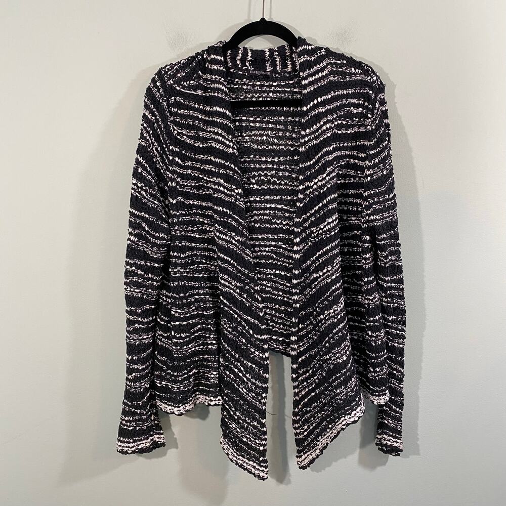 Eileen Fisher Woman 100% Cotton Black and White Waterfall Open Knit Cardigan 1X